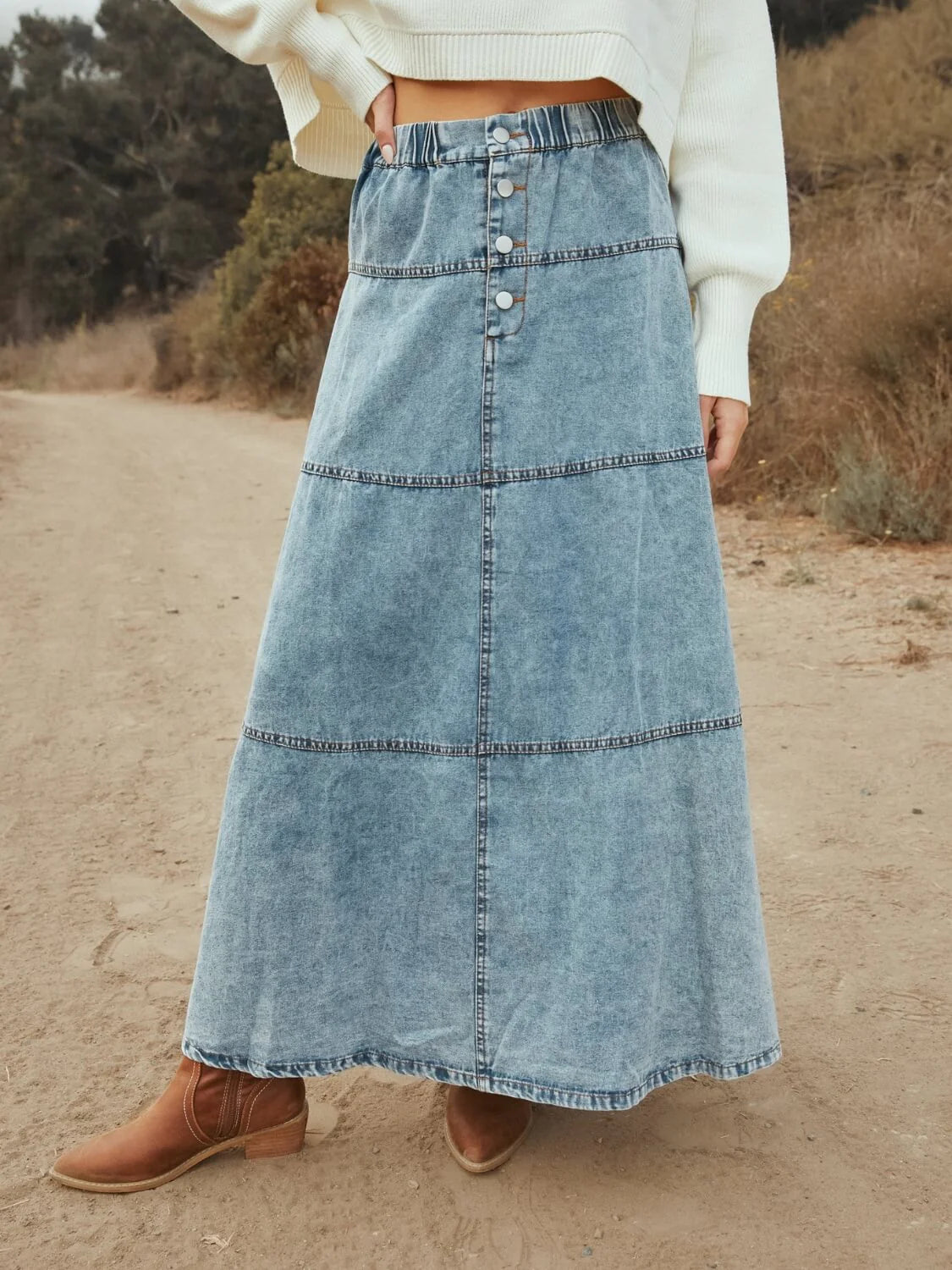 Tiered Denim Maxi Skirt