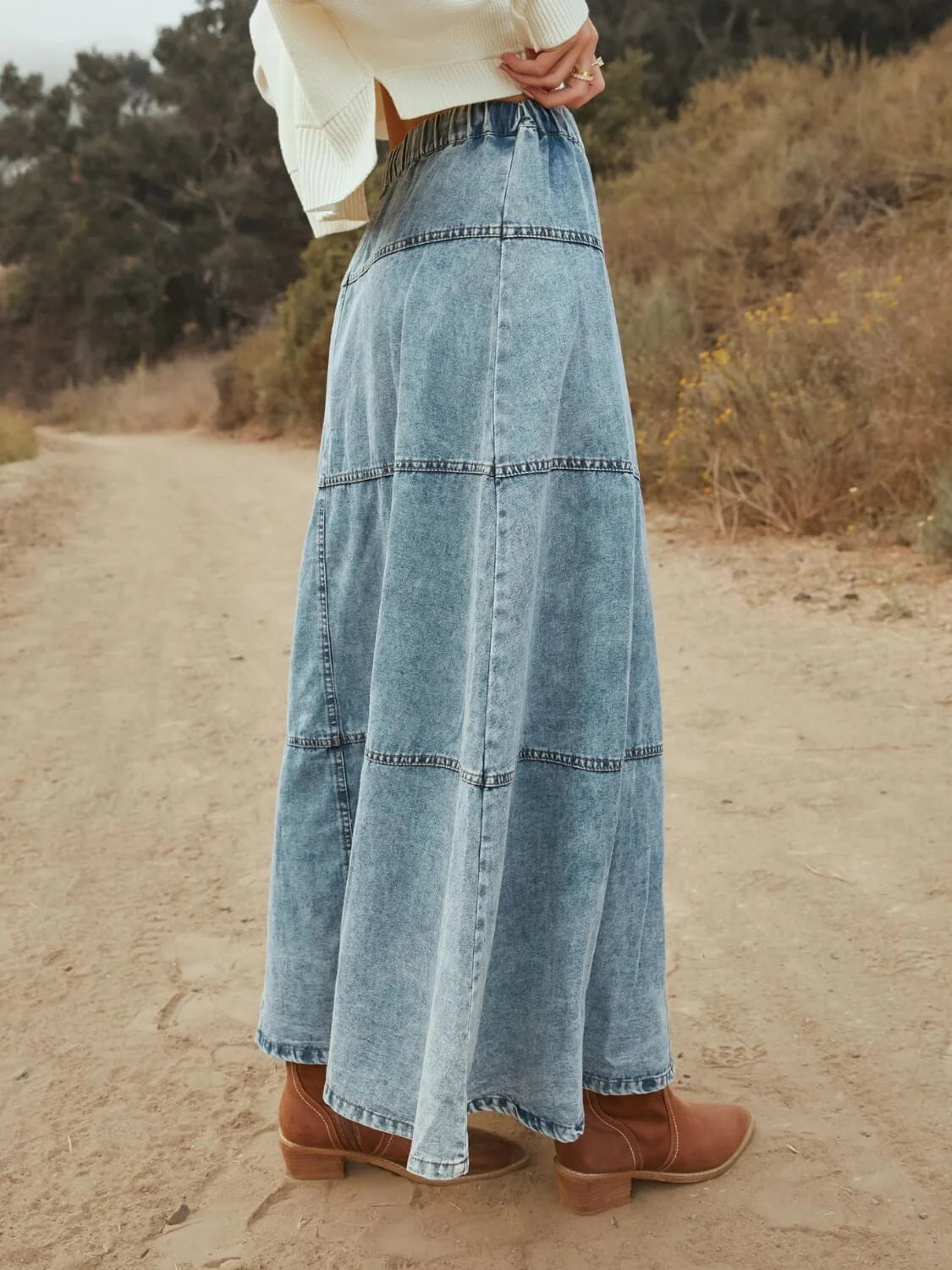 Tiered Denim Maxi Skirt