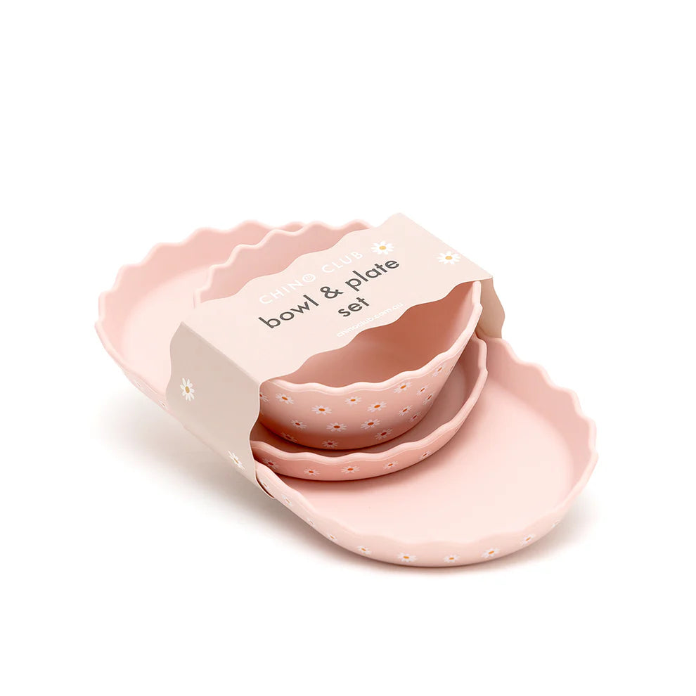 Pink Daisy Wavy Edge Silicone Bowl and Plate