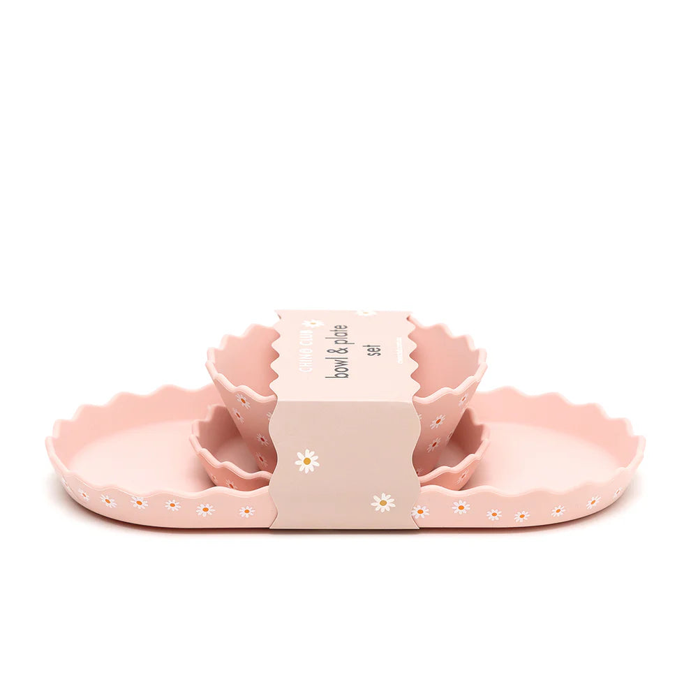Pink Daisy Wavy Edge Silicone Bowl and Plate