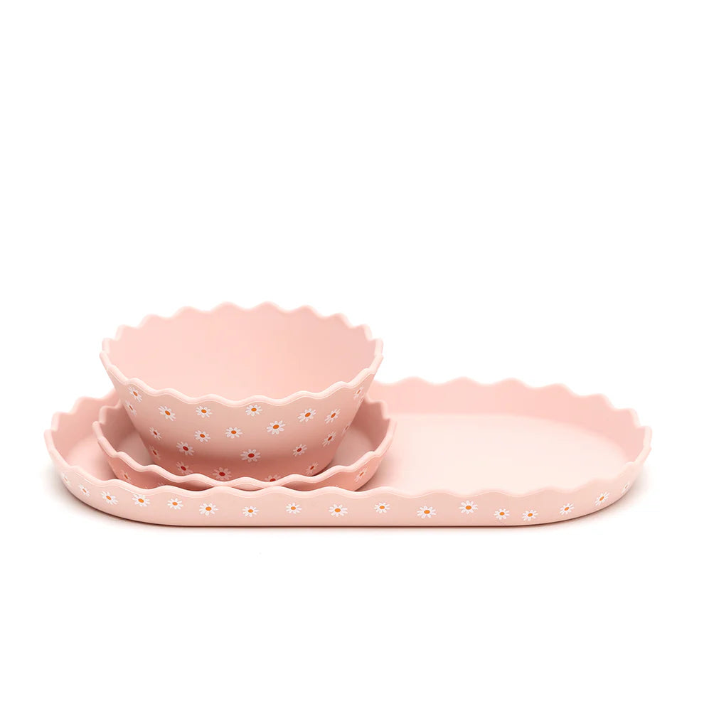 Pink Daisy Wavy Edge Silicone Bowl and Plate