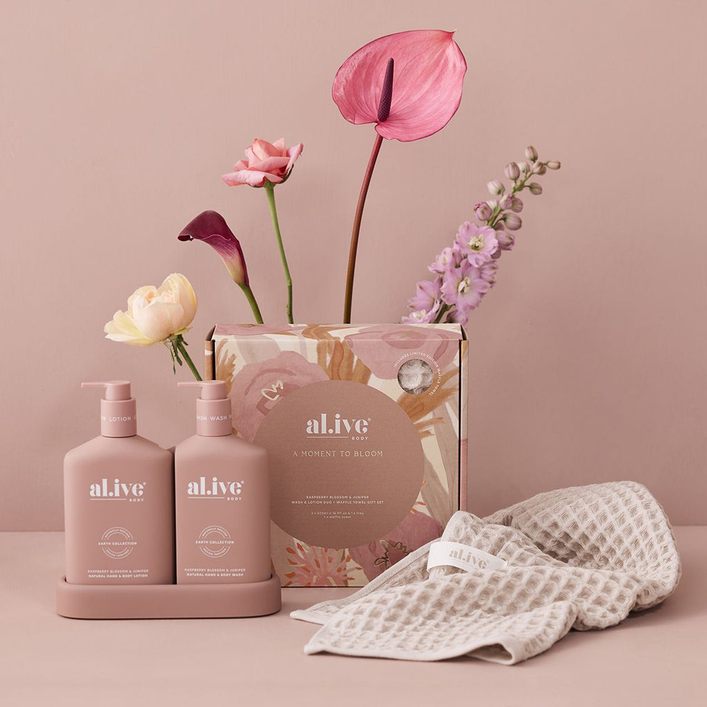 Wash & Lotion Duo With Waffle Towel Gift Set - A MOMENT TO BLOOM